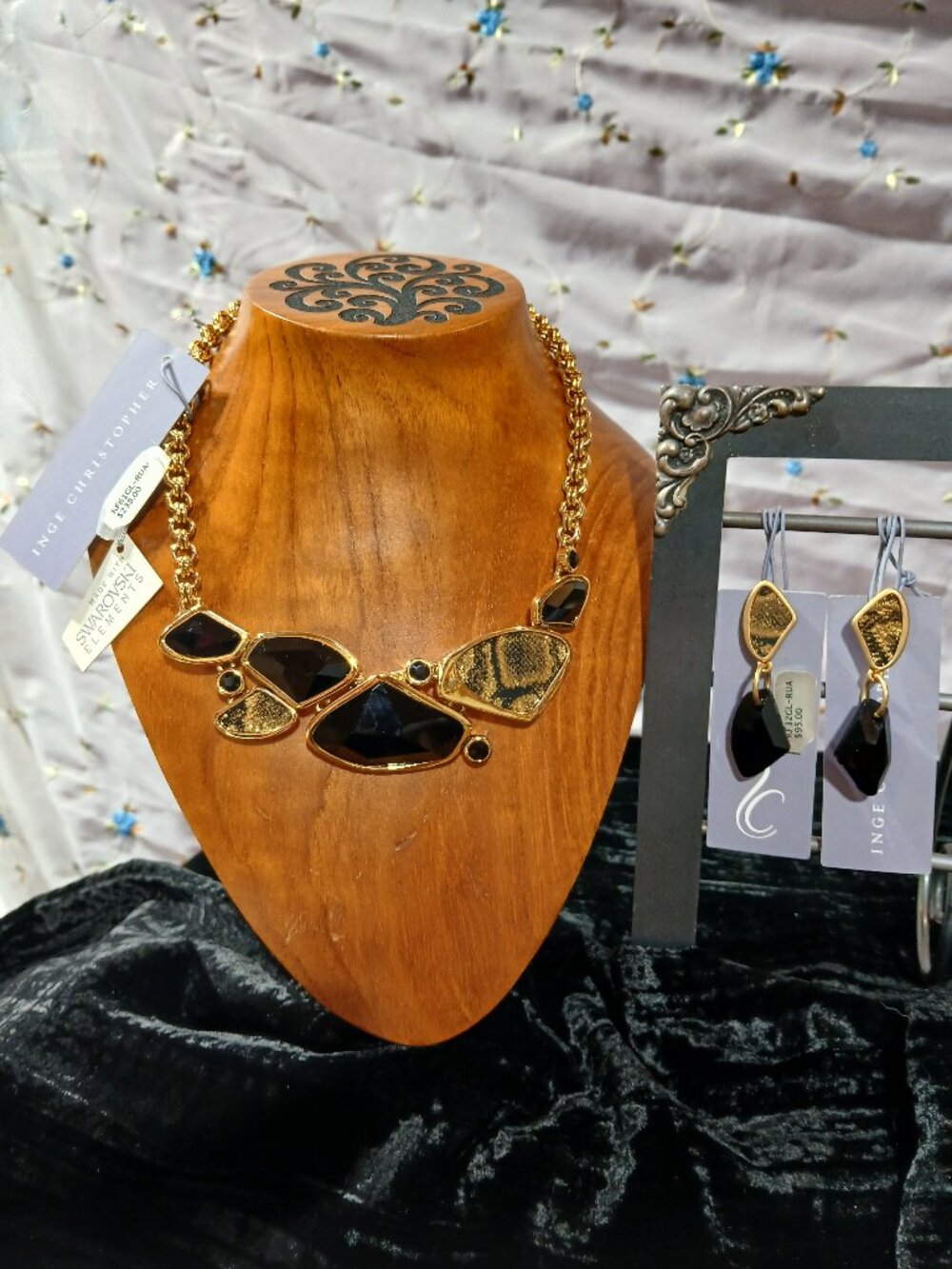 Inge Christopher Swarovski Elements Sparkling Black Onyx/Gold Necklace & Earring